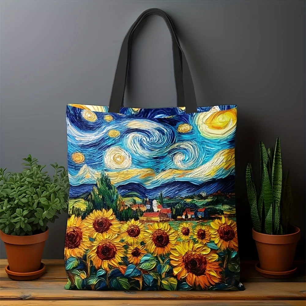 1pc Van Gogh Sunflowers & Starry Night Art Print Tote Bag  Large Capacity Durable Polyester Reusable Grocery Shopping Bag