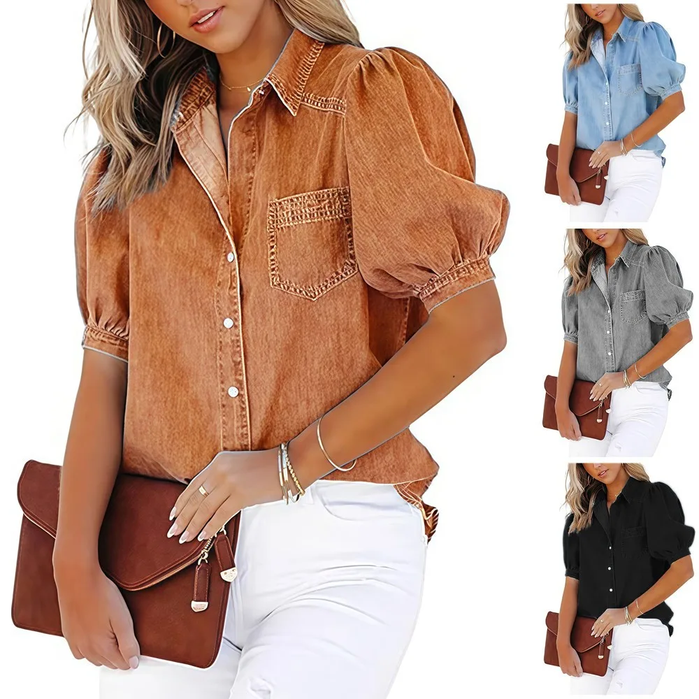 

Summer Woman Blouse Korean Style Cotton Blouses Short Sleeve Notched Lapel Shirt Puff Sleeve Oversized Fit Button Down Shirt