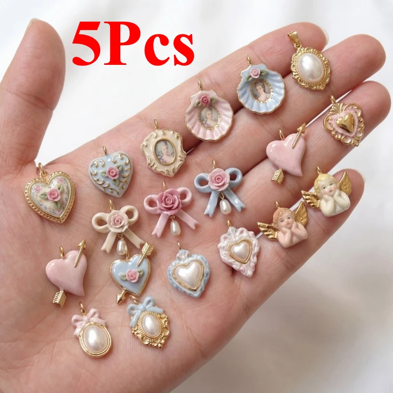 5pcs DIY Lovely Heart Necklace Charms Shell Pearl Butterfly Pendant for Jewelry Making Girls Accessories Anniversary Gift