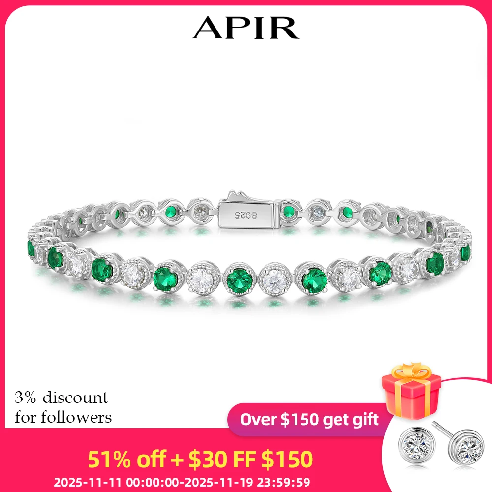 

APIR 3 мм D цвет муассанит теннисные браслеты для женщин стерлингового серебра 925 пробы лабораторный изумруд роскошный браслет свадебные украшения