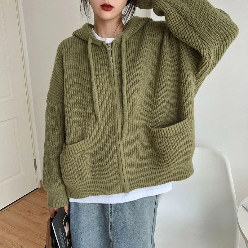 Zipper Cardigan Sweater Women Knit Fall Winter Long Sleeve Harajuku Y2K Solid Jumper Loose Lazy Warm Vintage Basic Female Hoodie