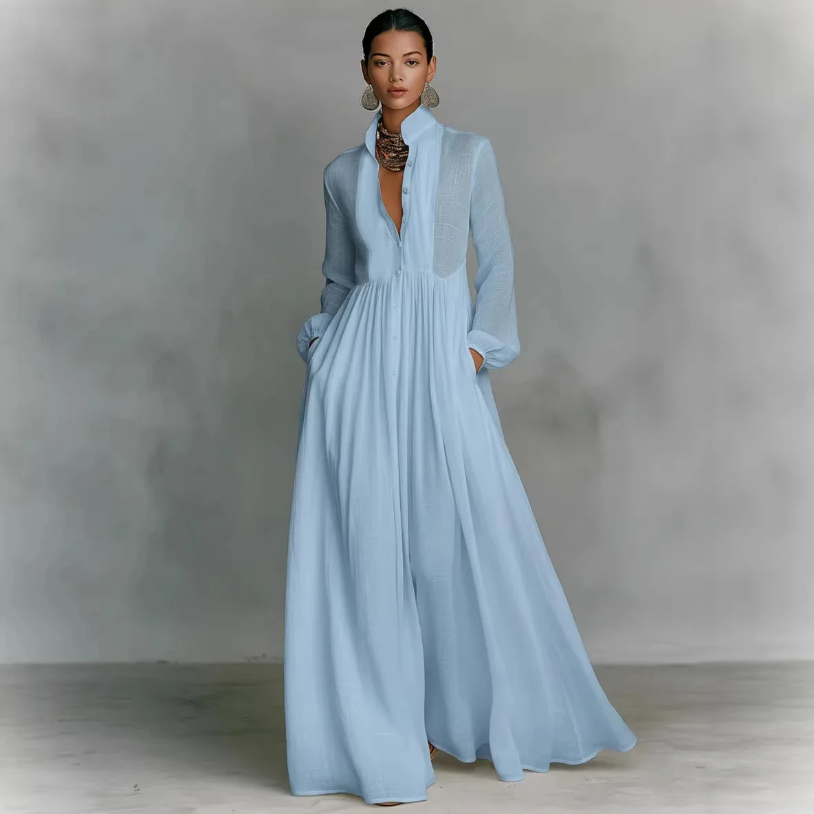 2026 New Model: Elegant, Slim-Waisted, Long-Sleeved Dress with Pleats, French-Style, White, Perfect for Vacation