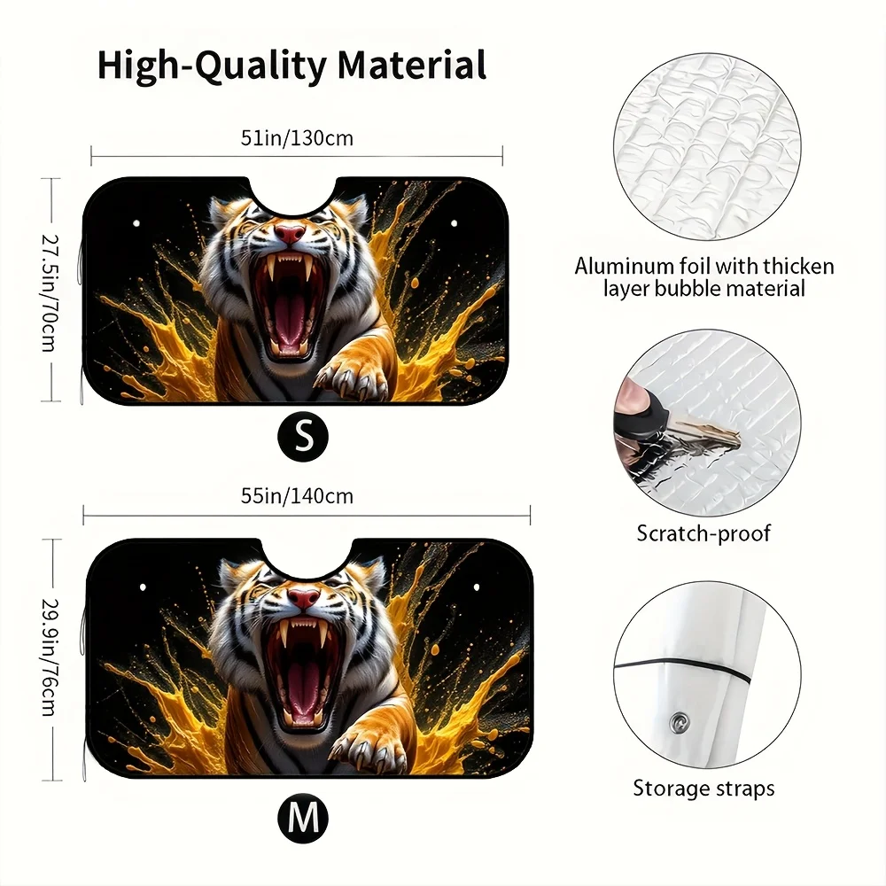 1pc Foldable Car Sunshade With Golden Tiger Splash Art Design – Fit For All Vehicles, Durable Polyester Fabric For Travel, Sun P