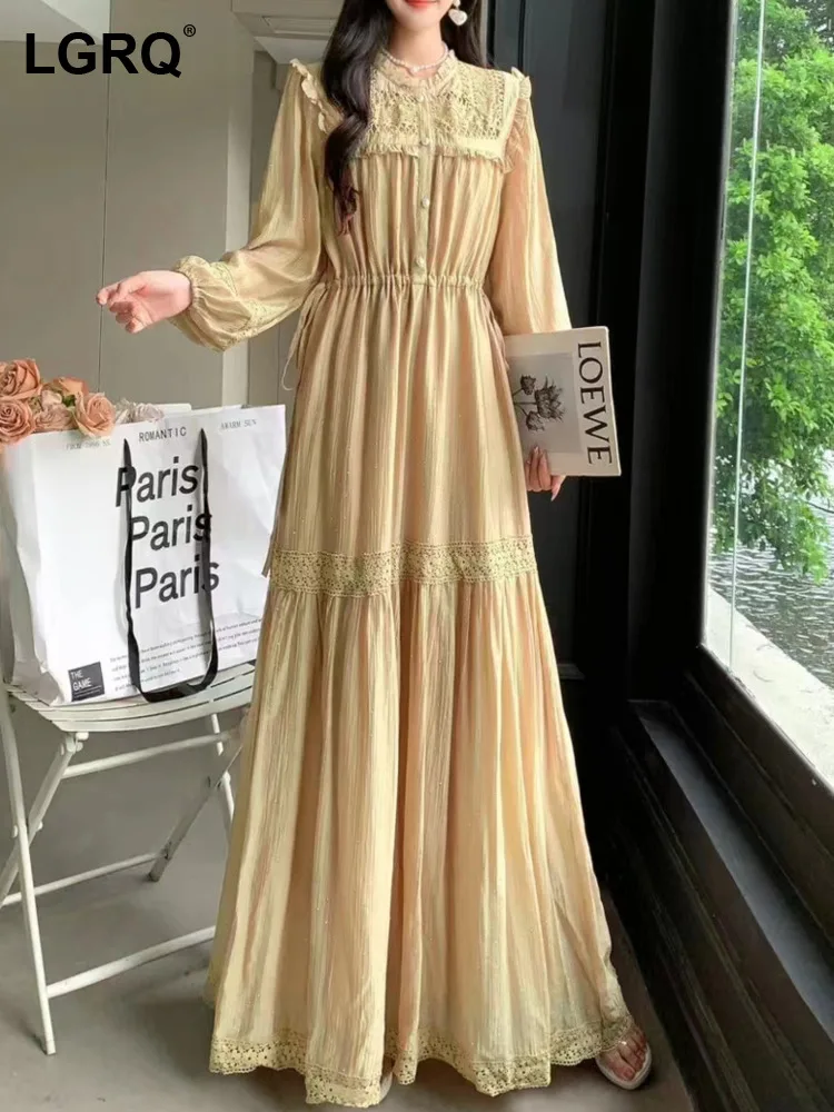 

Женское однобортное платье-трапеция LGRQ, ажурное платье с высокой талией, о-образным вырезом и длинным рукавом-фонариком, осенняя одежда, 2024