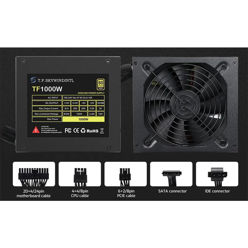 High Quality 1000w 80 Plus Gold PC Power Supply Full Voltage 24PIN ATX Pc Power Supplies for Desktop Gaming