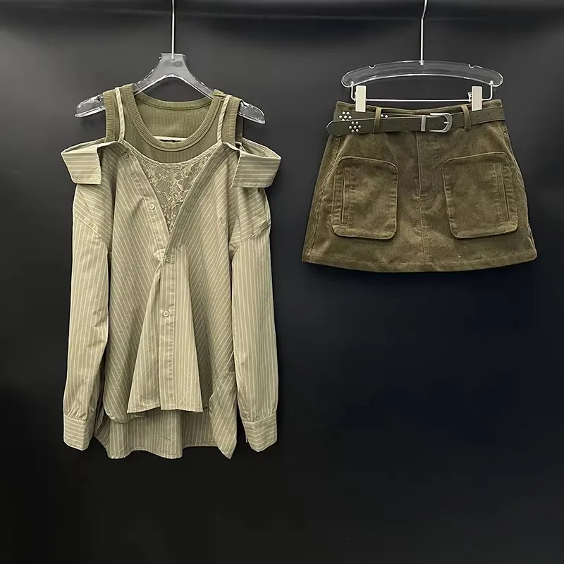 Women A-line Short Skirt Autumn New Fashion Unique Patchwork Faux Two-pieces Off-Shoulder Shirt