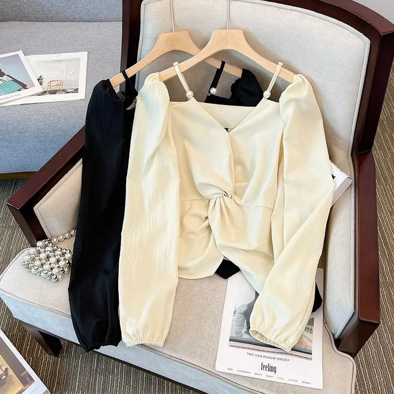 

Ele Long Sve Sexy Strap irt Women's Spring Autumn New Sle Pure Desire Versatile oulder Bared Top French Sle Sl...