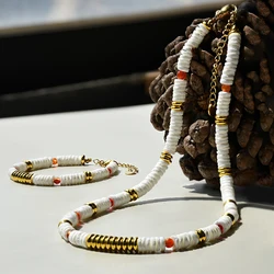Natural Stone Red Agate 6mm White Shell Necklace Bracelet Set Boho Women's Fresh And Simple Jewelry Accessories