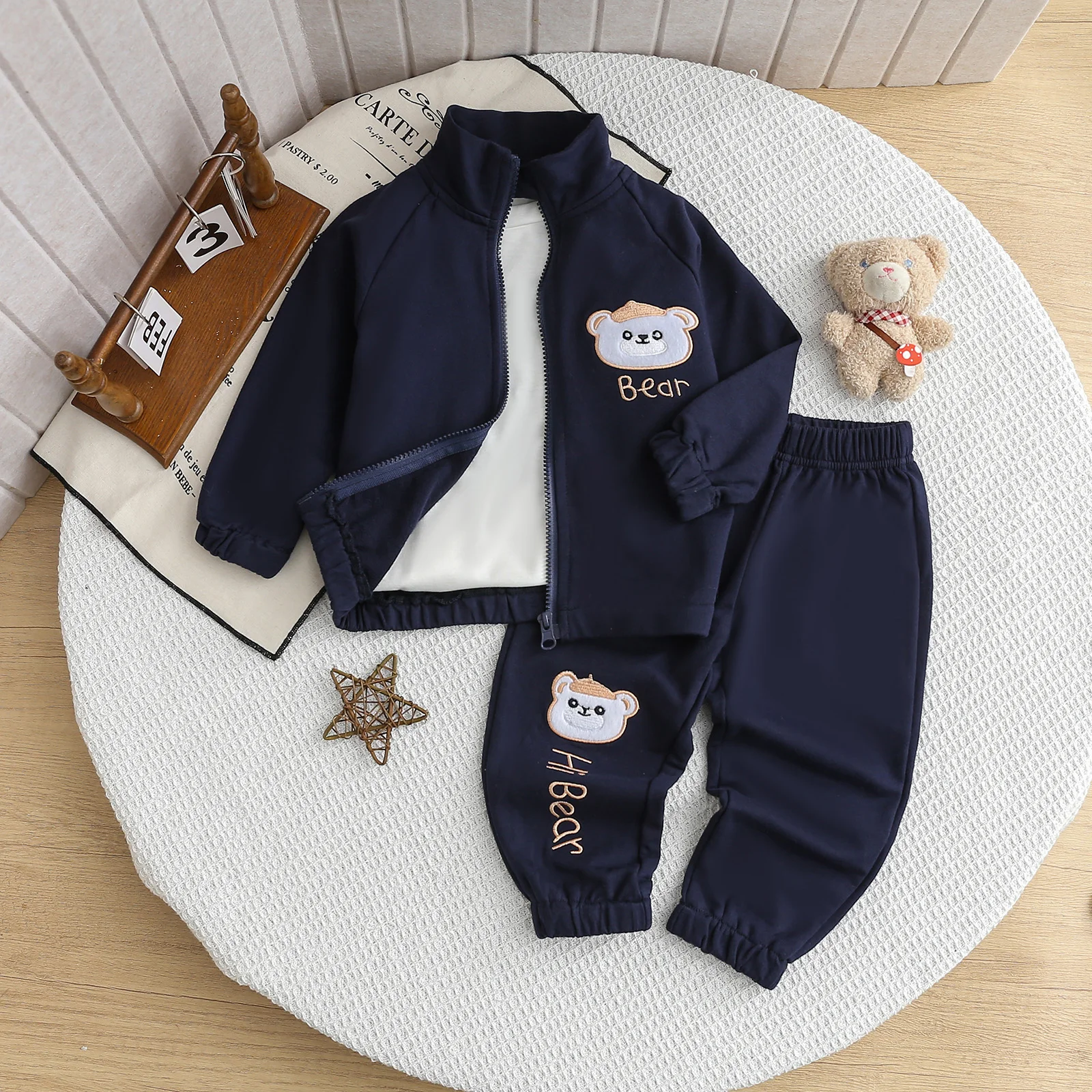 Boys' Navy Blue Bear Two-Piece Set: Spring & Autumn Outfit. Stand-Collar Zipper Jacket + Cuffed Pants