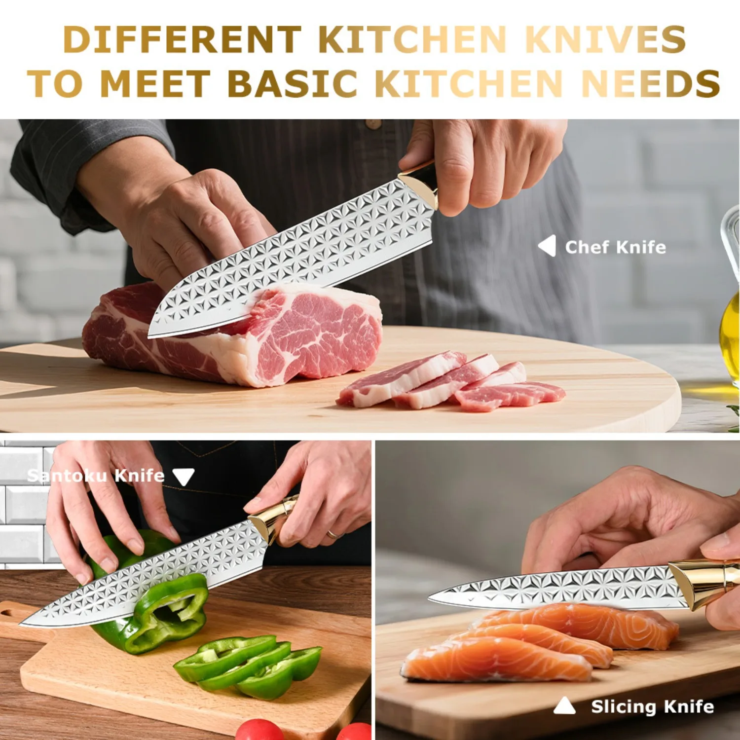 Stylish Knives Set for Kitchen,Professional Chef Knife Set for Cooking,Ultra Sharp Cutlery Tools,Luxury Gold Kitchen Accessories