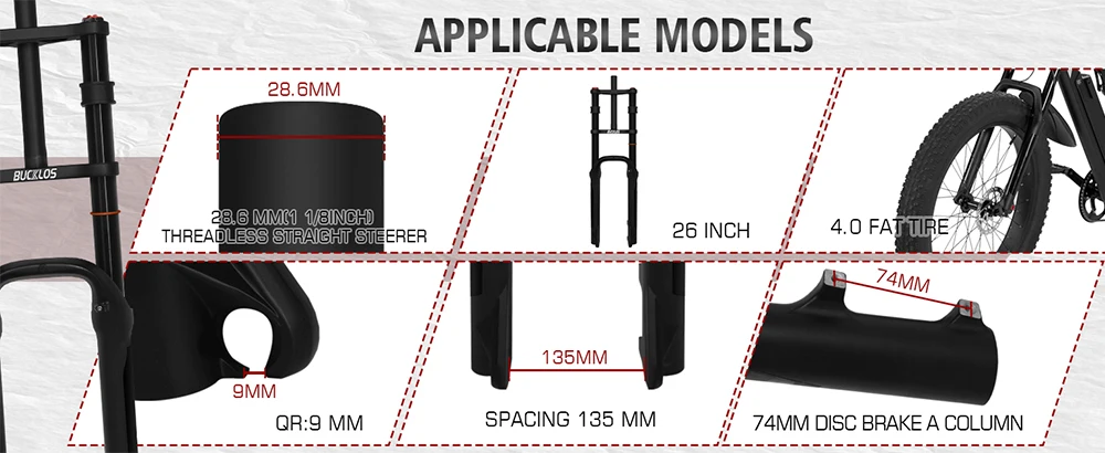 BUCKLOS 26 * 4,0 Fahrradgabel Doppelschulter-E-Bike-Gabel 9 * 135 mm 26 Strand-Schnee-Fahrradgabeln 4,0 Reifen BMX-Gabeln 180 mm Trave – Detail 7