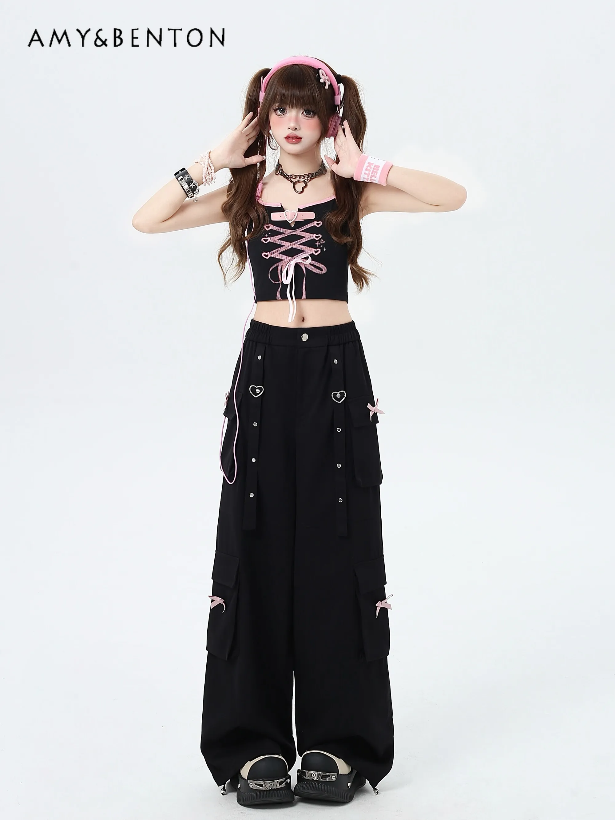 Summer Thin Sweet Street Straight-Leg Pants Preppy Style Cute Bow Color Matching Wide-Leg Pants Hot Girl Y2K Cargo Pants Women