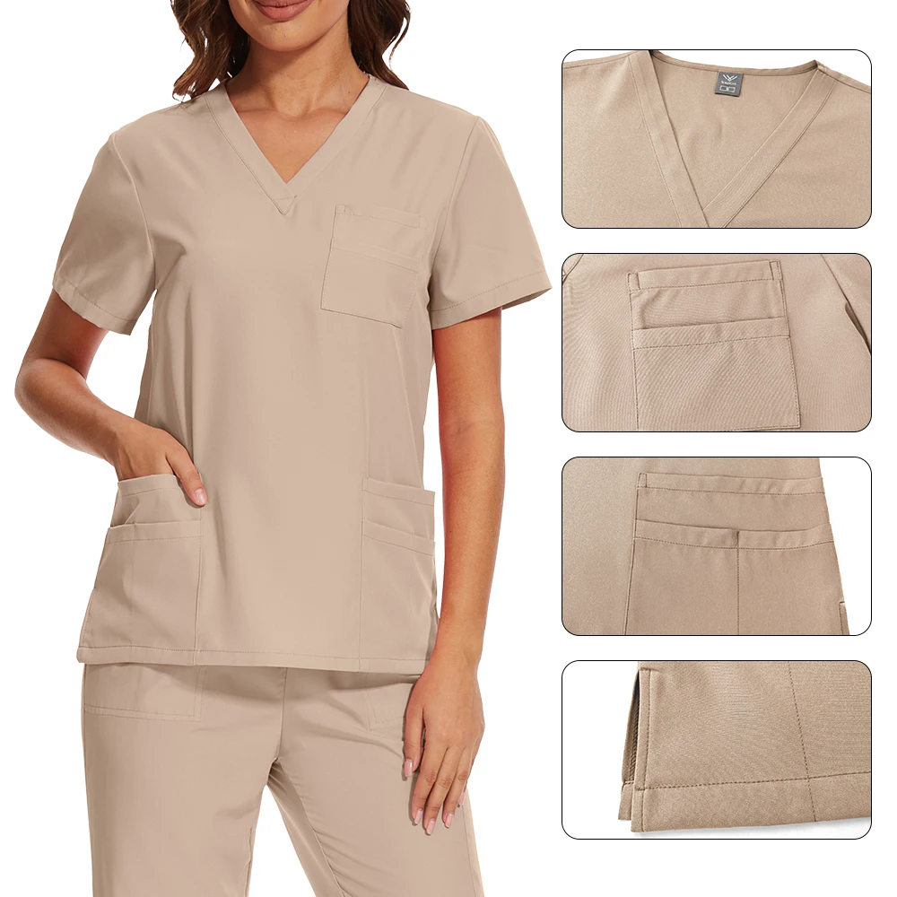 Roupas para sala de operação de enfermagem, uniforme médico para mulheres, enfermeira, conjunto de bolso, top + calças, 2 peças, roupa de trabalho para salão de beleza