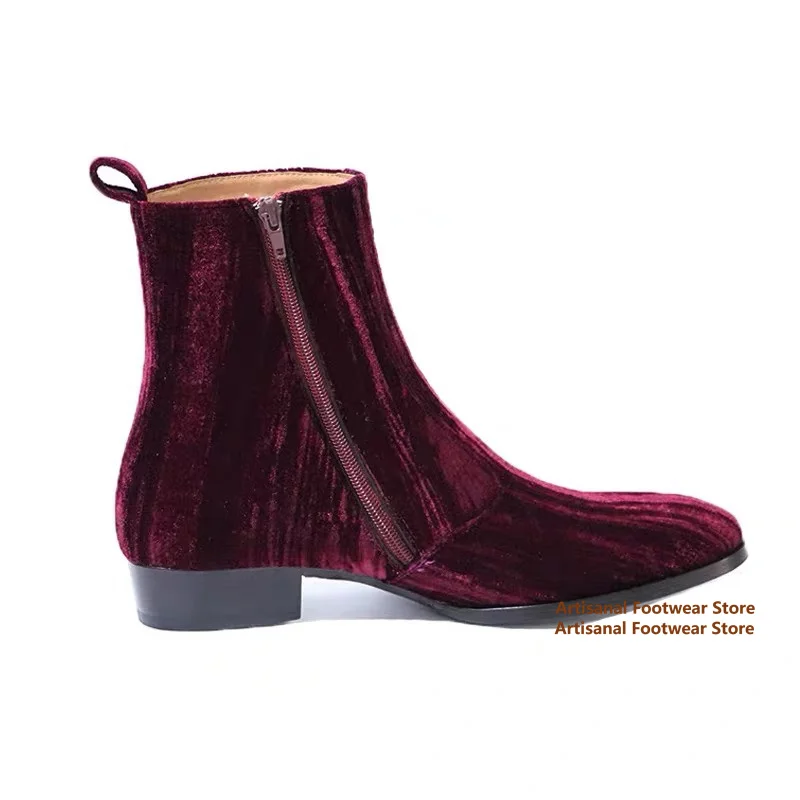 Wine Red Velvet Chelsea Boots Designer Side Zipper Height Increasing Men's Boots Trendy Handmade Custom Stylish Men Boots