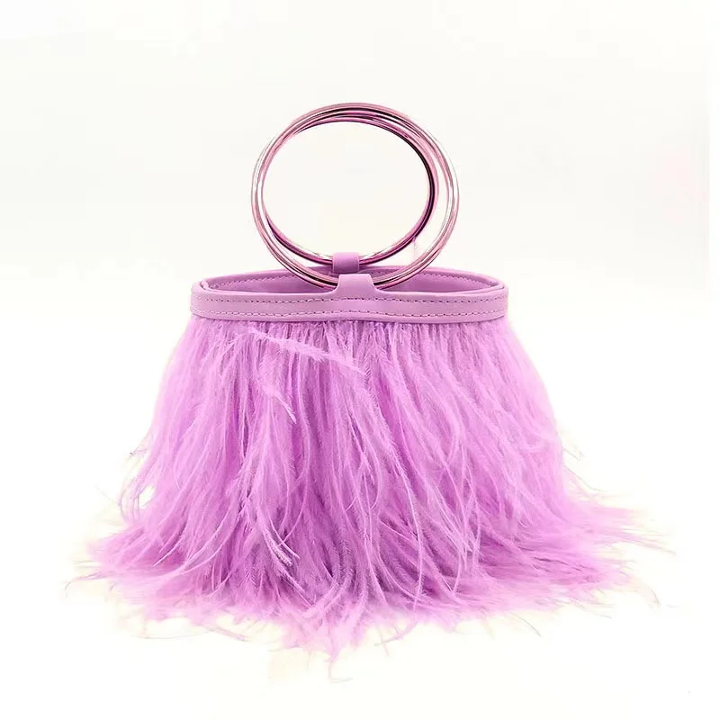 Metal Ring Handle Bucket Bag Women\'s Handbag Luxury Fashion Ostrich Feather Evening Bag Wedding Party Clutch Purse Shoulder Bag