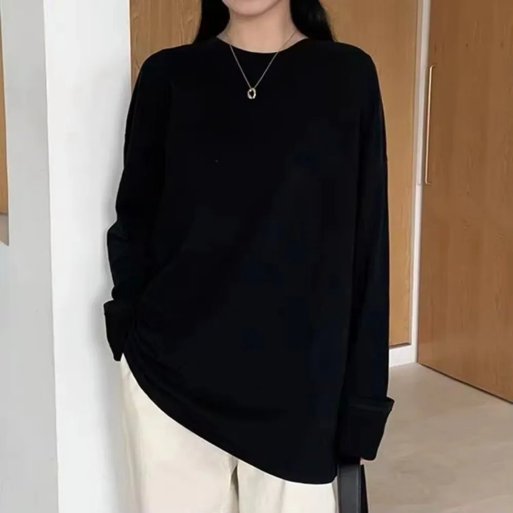 New Round Neck Long Sleeve T-Shirt Loose Fit Solid Color Women's Base Shirt Slight Stretch Crew Neck T-Shirt Casual Wear