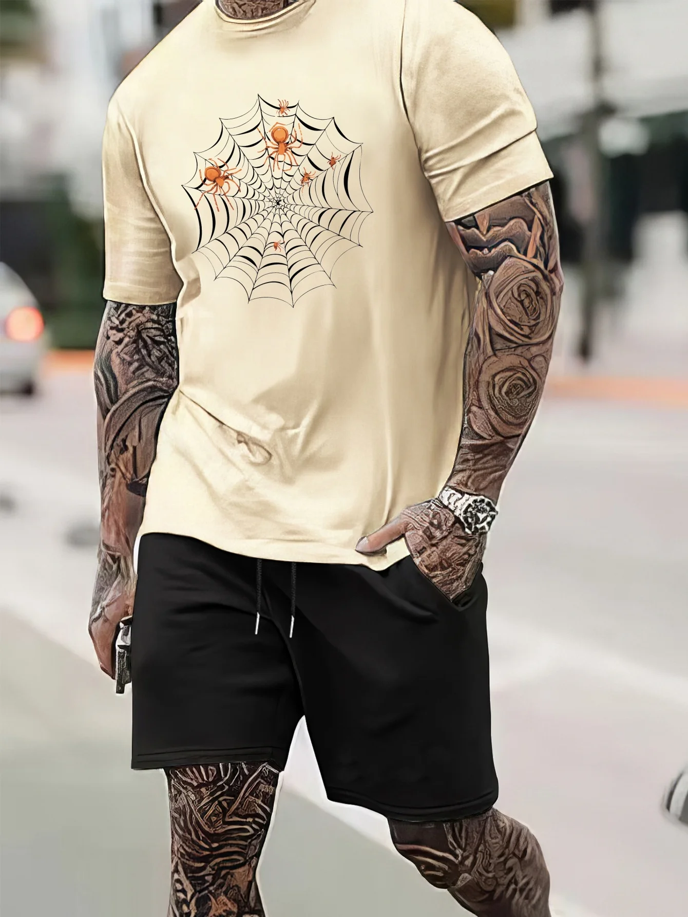 

Мужской летний комплект с принтом паутины, дышащий спортивный комплект для активного отдыха, мужской комплект из двух предметов в уличном стиле