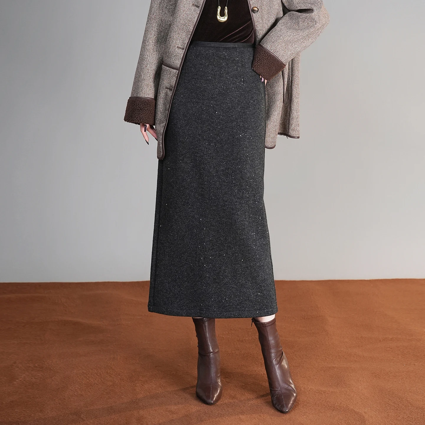 

iny Woolen Skirt Women's Thiened Autumn Winter Long High Waist Faionable Bodycon Straight Skirt Commute Sle