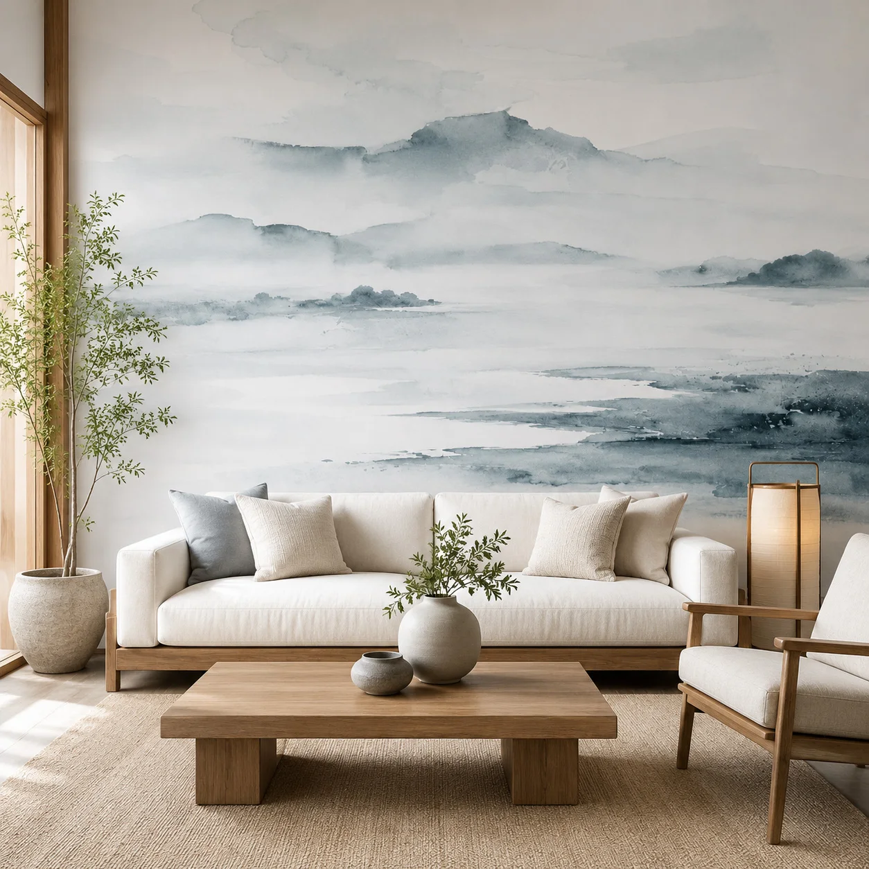 Misty Blue Mountain Self Adhesive Wallpaper Watercolor Landscape Wall Mural Peel and Stick Living Room Bedroom Home Decor Art XL