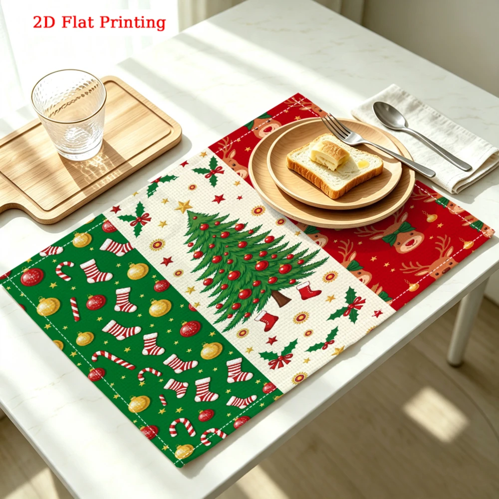 Christmas Tree Socks Reindeer Pattern Kitchen Placemat Coaster Linen Pad Dish Coffee Cup Table Mat 30x40cm Home Decor