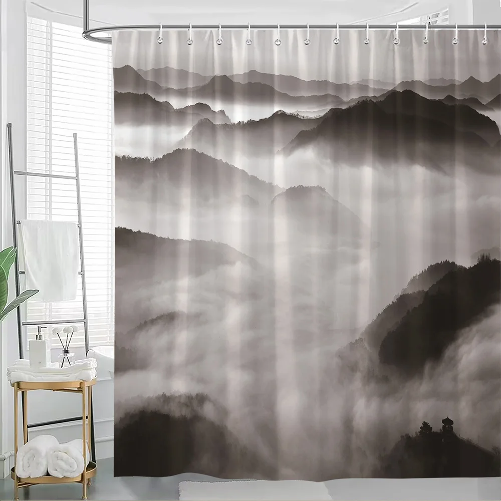 

1pc Mountain Landscape Shower Curtain - Black & White Misty Hills, Fog Valleys & Traditional Pavilion Design, Durable Polyester