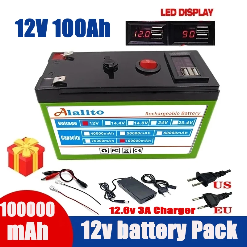 12V Battery 100Ah 18650 lithium battery pack Rechargeable battery for solar energy electric vehicle battery+12.6v3A charger