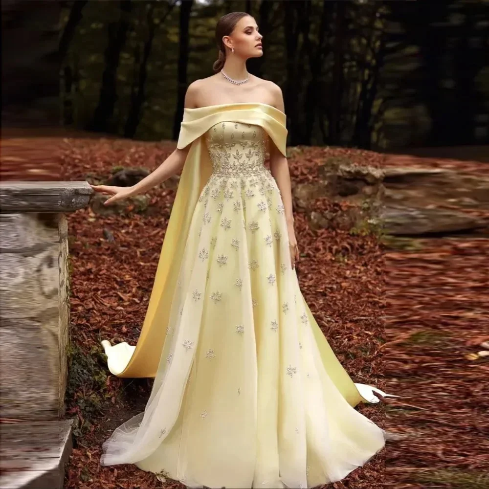 Arabic Yellow Satin Luxury Dubai Evening Dress with Cape Train Off Shoulder Women Wedding Guest Customized