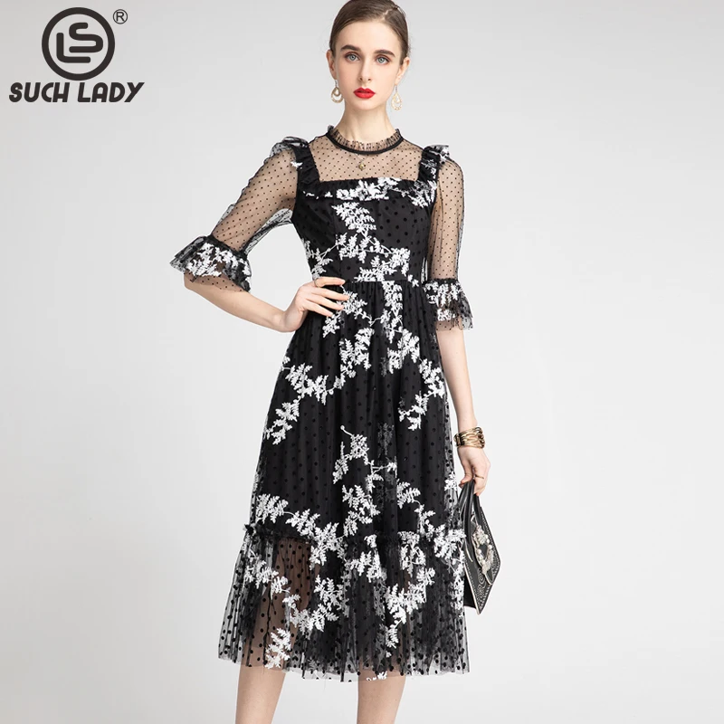 Women's Runway Dress O Neck 3/4 Sleeeve Embroidery Ruffles Layered Elegant Fashion Casual Dresses Vestidos