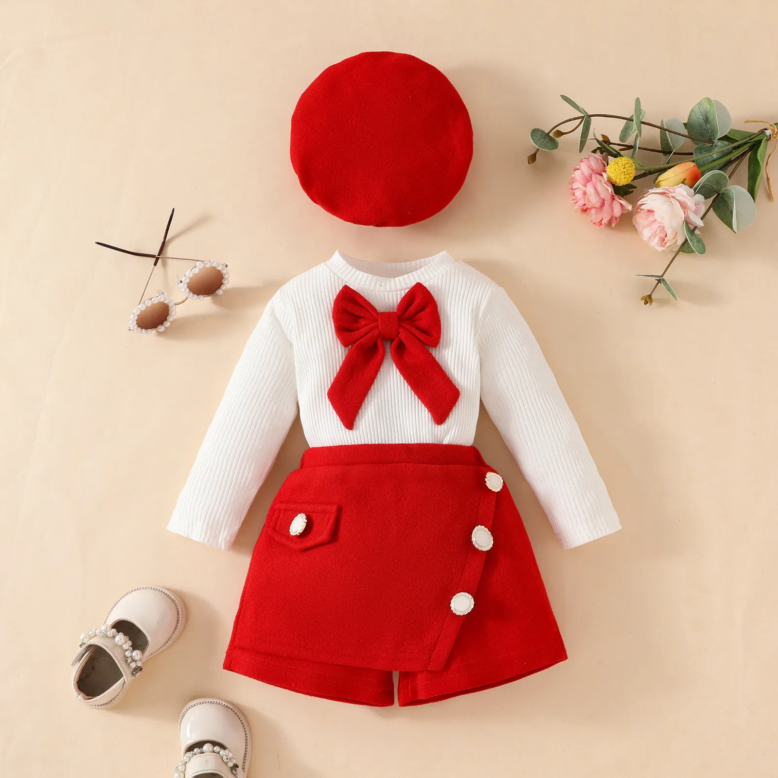 0-3Years Kids Baby Girls Clothes Sets Elegant Long Sleeve Bowknot T-shirt and Shorts with Berets Hat 3Pieces Outfits Baby's Sets