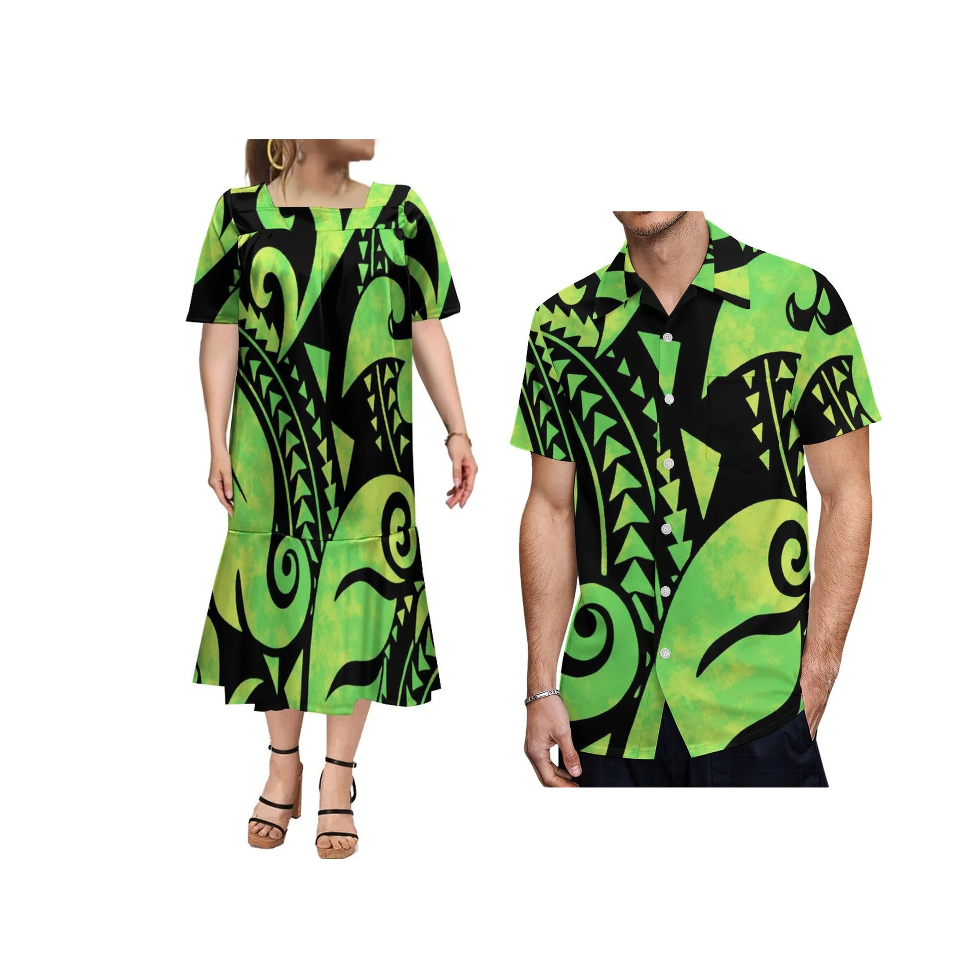 Print On Demand Customized Large Size Vintage Square Neck Dress Women Polynesian Tribal Design Micronesian Mumu