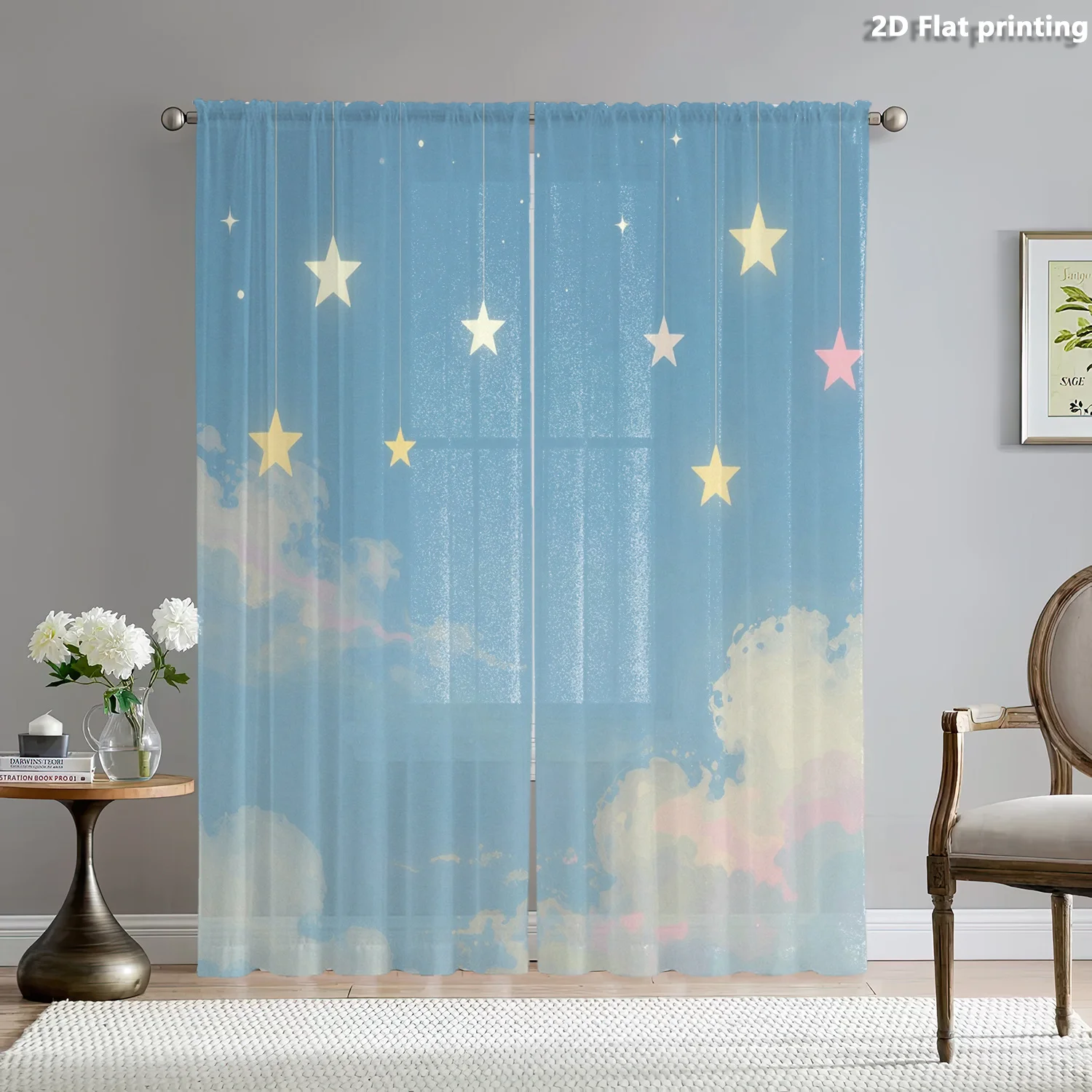 2pcs Sheer Curtains Sky Stars Clouds Night Dream Rod Pocket Window Drapes, Filtering Panels for Bedroom Living Room