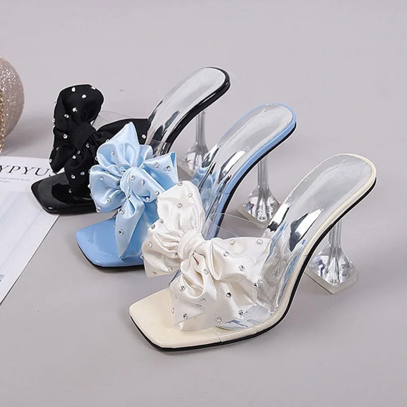 2022 Woman Sparkly Bow Heels Fashion Bling Transparent Pointed Toes Sandals Elegant Slingback Crystal Female Party Pumps