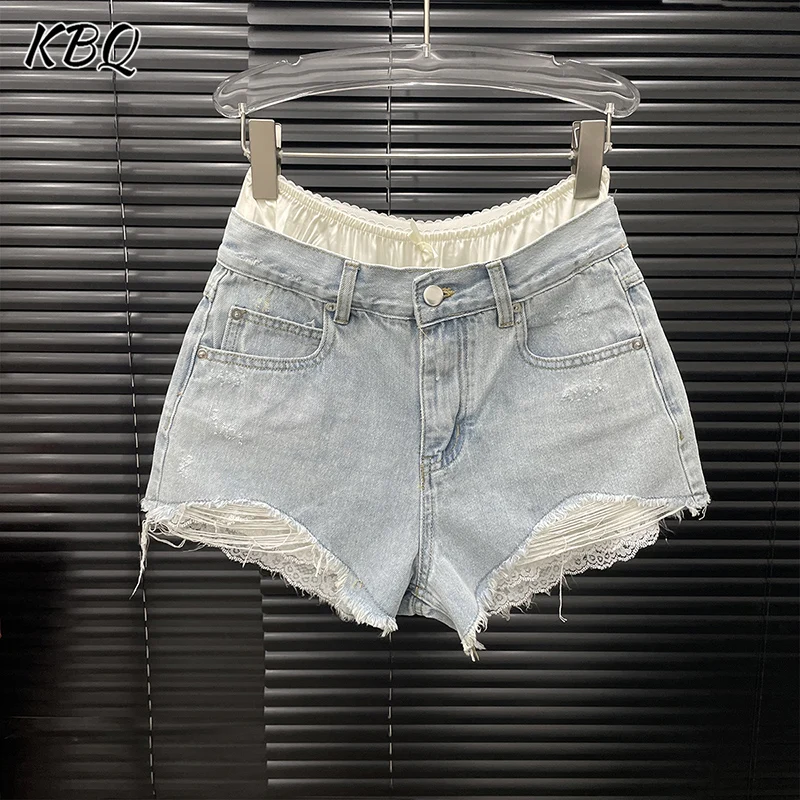

KBQ Solid Spliced Button Chic Shorts for Women High Waist Design Sense Patchwork Lace Loose Short Pants Female Fashion Style New