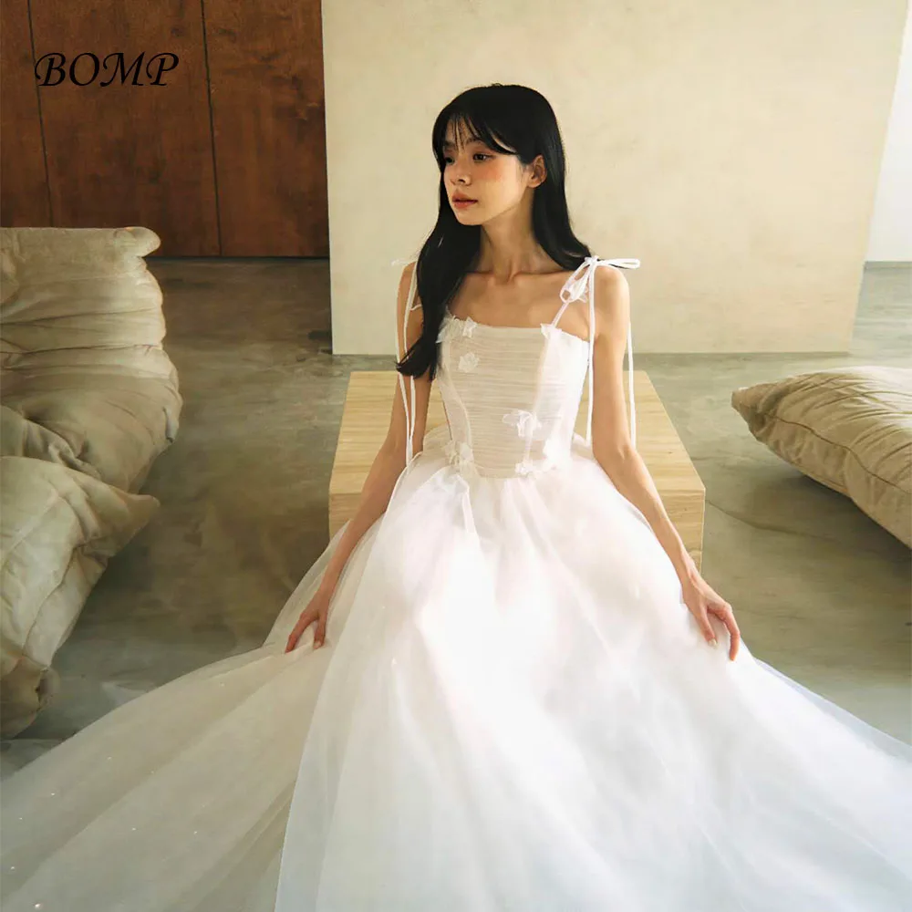 

BOMP Charming Floral Wedding Dress Spagetti Straps A-Line Ivory Tulle Korea Photo Shoot Bridal Gowns Customized 웨딩드레스