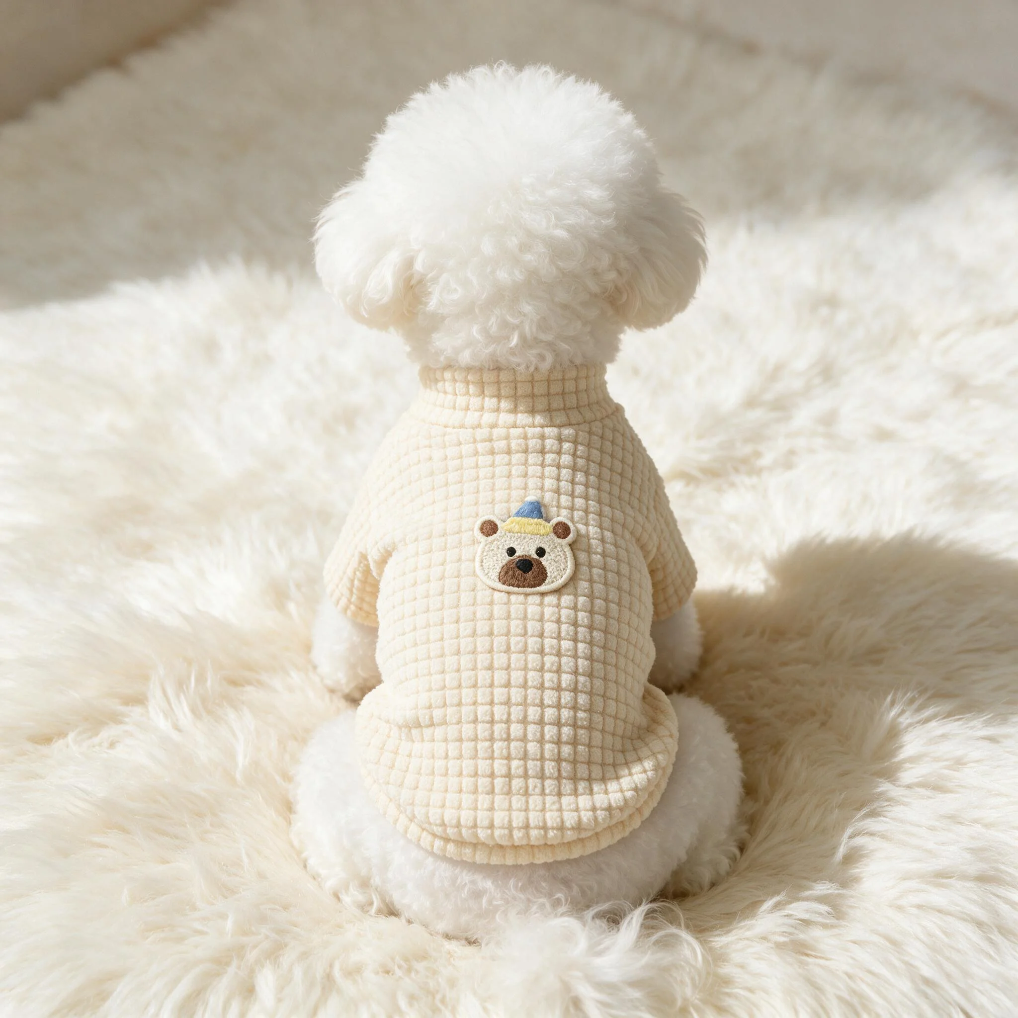 Small Dog Waffle Knit T-Shirt, Sleepy Bear Embroidery Mock Neck Pet Top, Soft Spring Fall Clothes for Tiny Puppies Bichon Teddy view 3