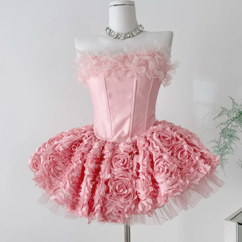

Pink Strapless Birthday Dress Luxury 3D Flower Mesh Fashion Back Lace-up Short Princess Dresses Evening Party Dress Ball Gown