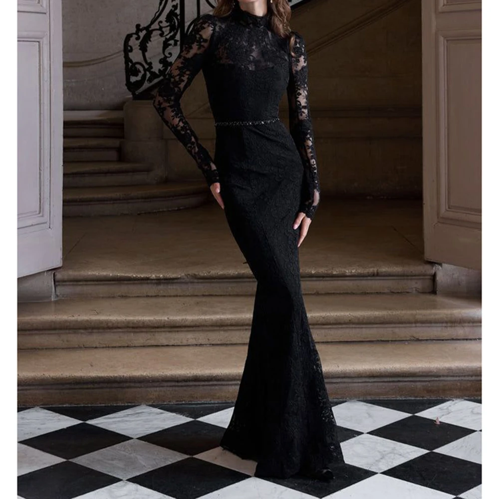 Sukienki wieczorowe z czarnej koronki na zamówienie, dekolt O-neck, długi rękaw, długa suknia balowa typu syrena, sukienki koktajlowe na przyjęcie wieczorowe do ziemi.