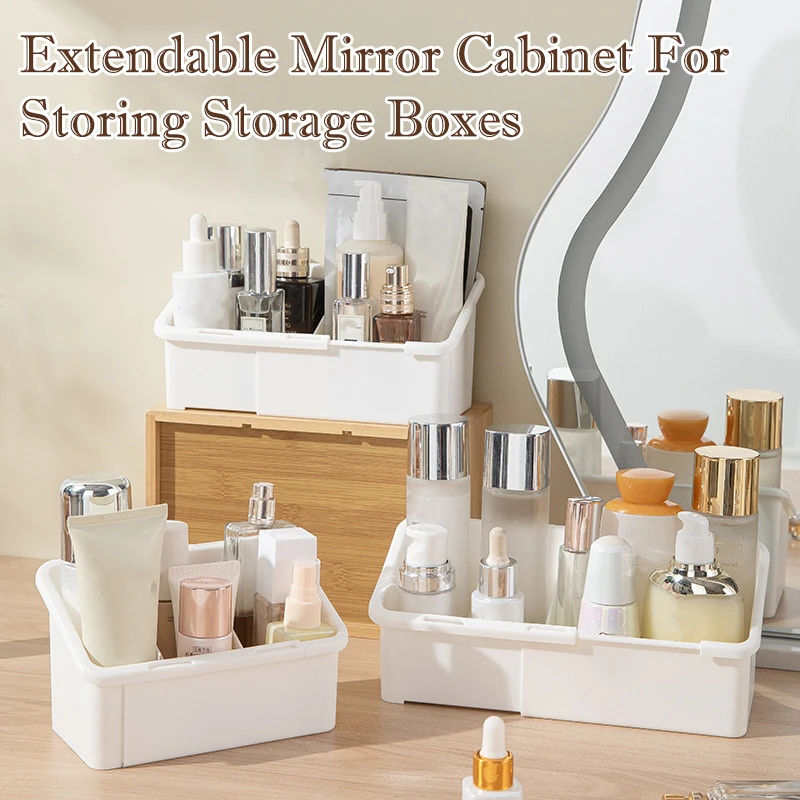 Extendable Mirror Vanity Organizer - Adjustable Compartment Desktop Storage Box with Built-in Mirror for Makeup & Skincare