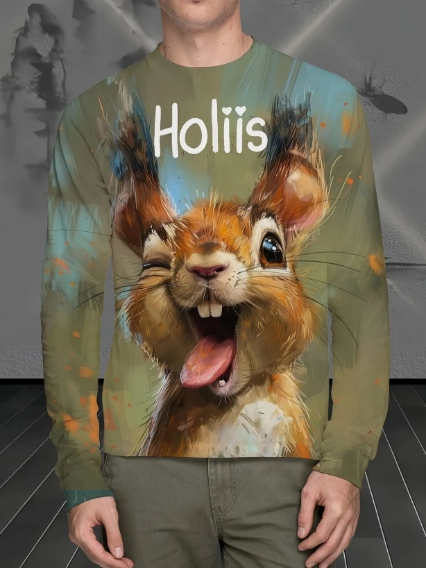 

Men'S Long Sleeve T-Shirt, Cute Cartoon Print, Stretchy Fabric, Round Neck, All-Season, Knit, Polyester, Adult Size
