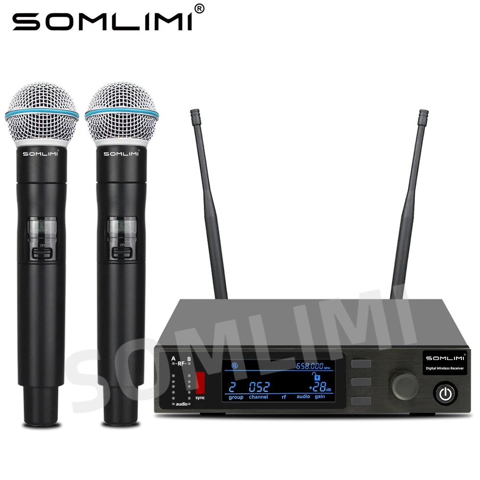 

SOMLIMI QXD24 600 МГц Профессиональный беспроводной микрофон Двухканальный UHF True Diversity Сценическое выступление DJ Караоке