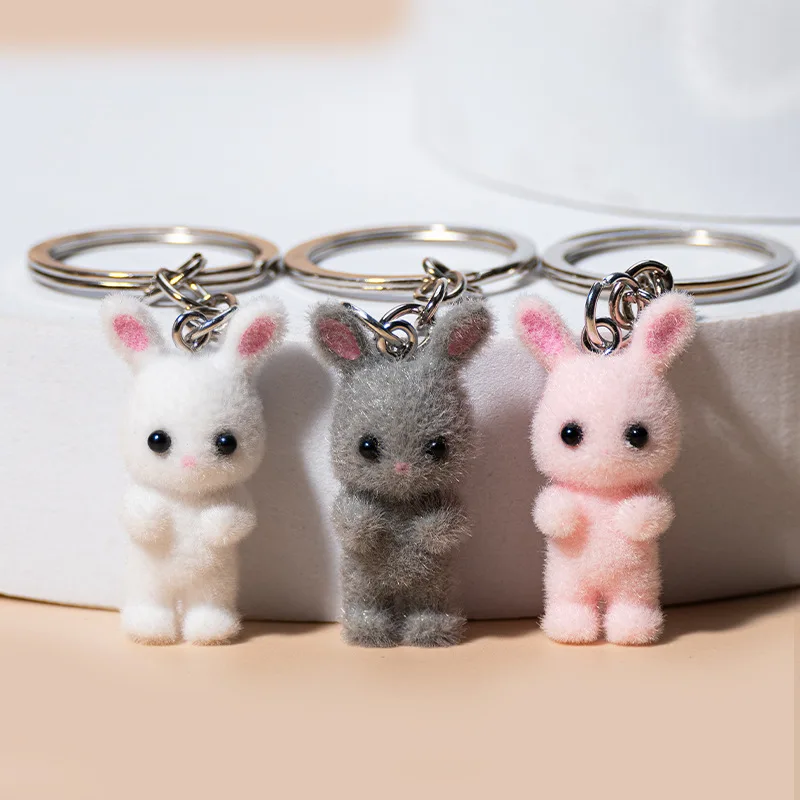 New 3D Cartoon Flocking Cat and Mouse  Keychain Kawaii Cat Key Ring Animal Key Chains Gifts For Women Men Car Keys DIY Jewelry