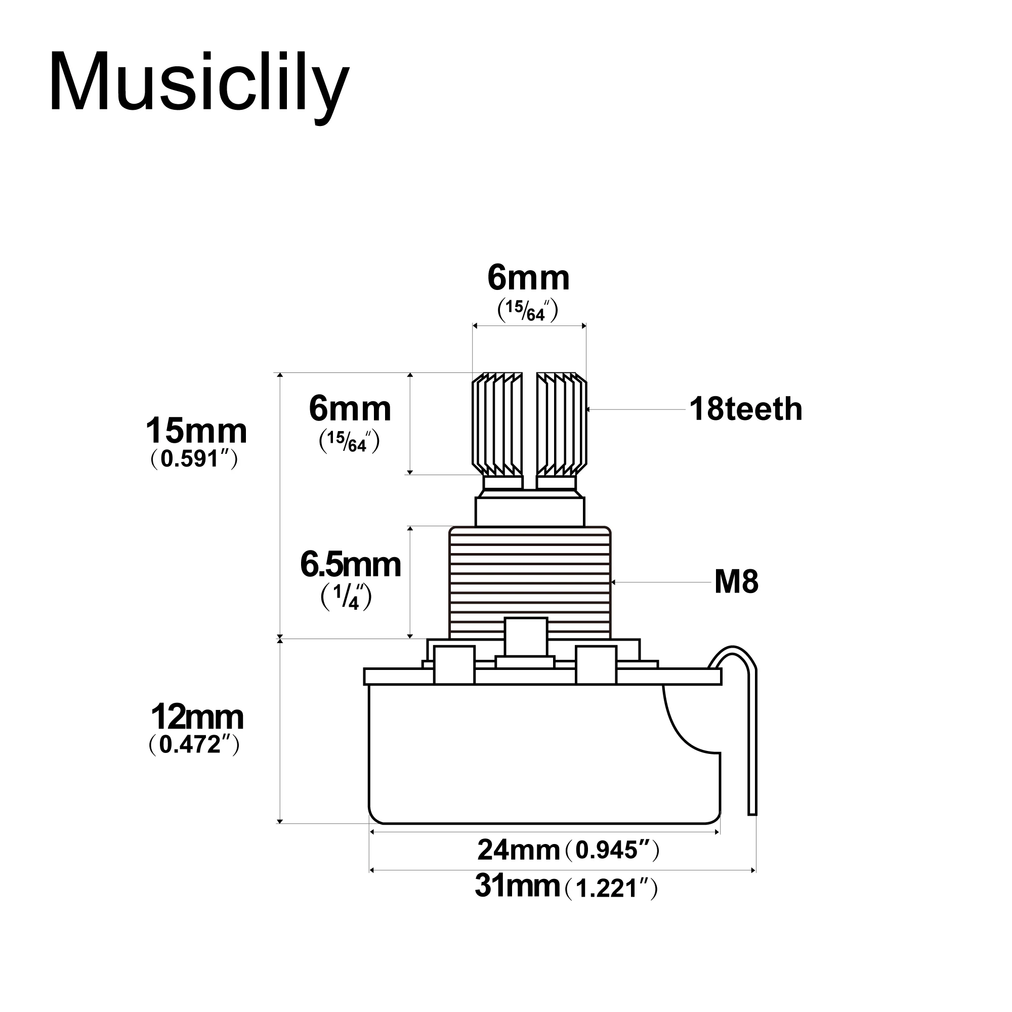 Musiclily A250K/A500K/B500K Metric Coarse 18-Spline Split Shaft Pots Potentiometers for Electric Guitar Bass (Set of 2)
