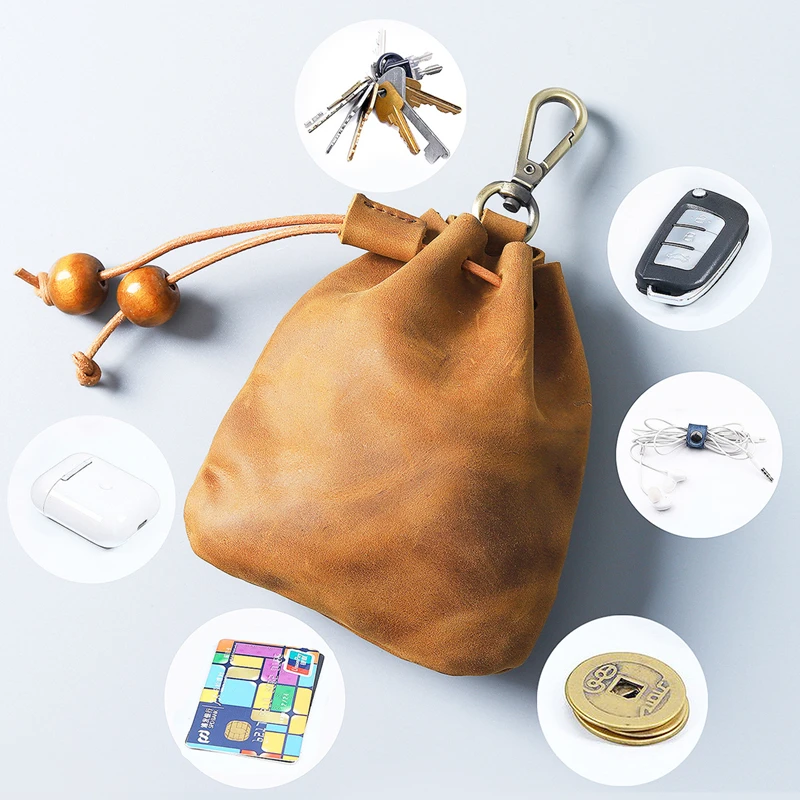 

Handmade Genuine Leather Coin Purse Vintage Simple Unisex Key Holder Small Wallet Earphone Card Storage Pouch Drawstring Bags
