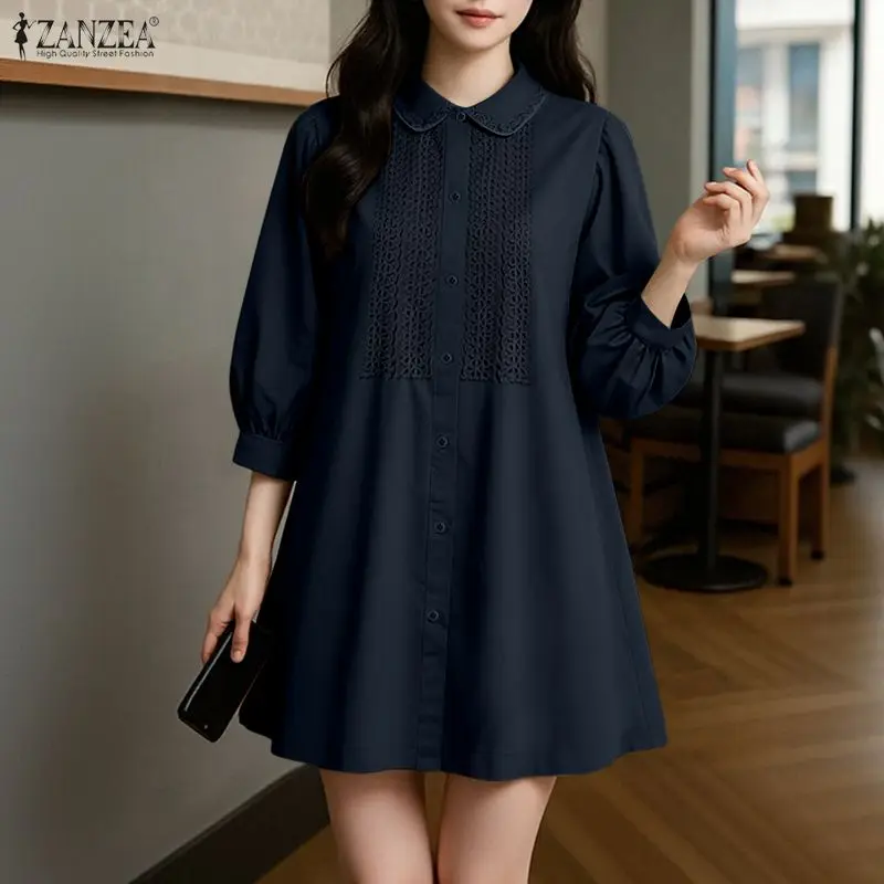 ZANZEA Women Sexy Mini Dress Summer Lapel Solid Color Short Sundress 3/4 Puff Sleeve Lace Holiday Vestidos Korean Street Robe