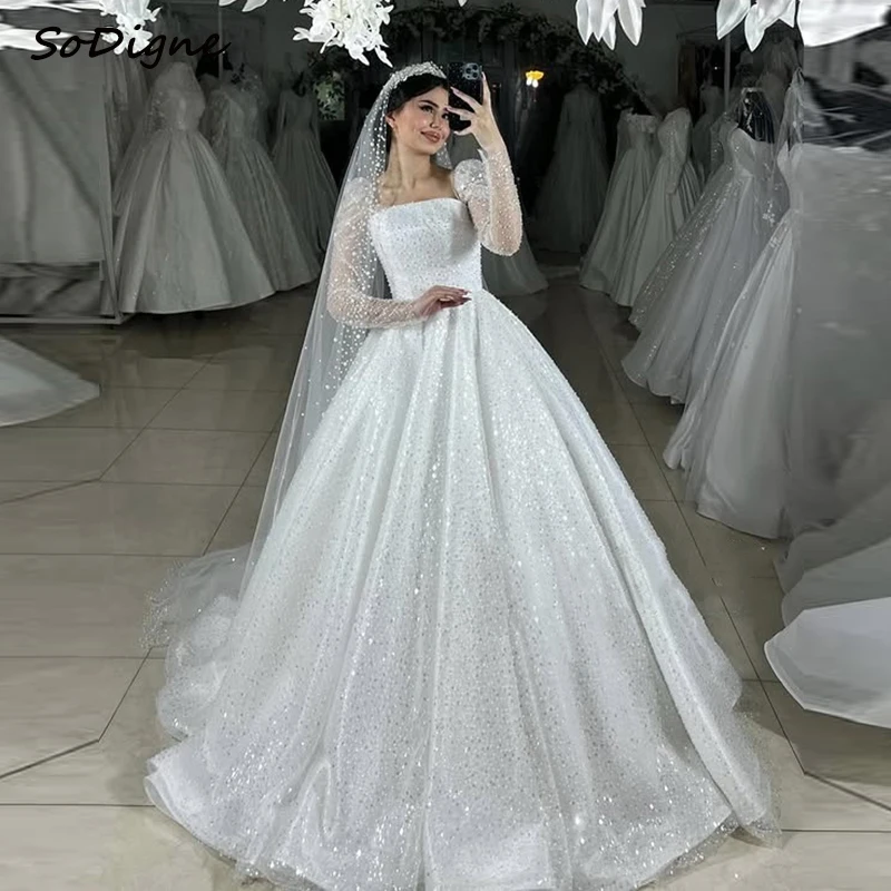 SoDigne gaun pernikahan A-line Glitter gaun pengantin lengan penuh kerah persegi gaun pengantin manik-manik jubah gaun pernikahan