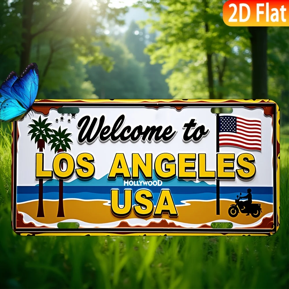 1pc Vintage Los Angeles Hollywood USA License Plate - Retro Metal Wall Decor with Palm Trees & American Flag - Heavy-Duty Alumin
