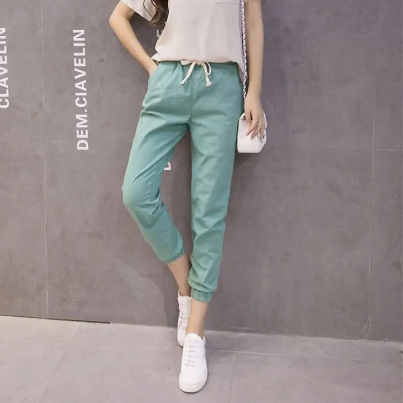 

Women Drawstring Slim Thin Solid Color Pants 2024 Summer Cotton and Linen Cropped Pant Female Loose Elastic Casual Trousers Pop