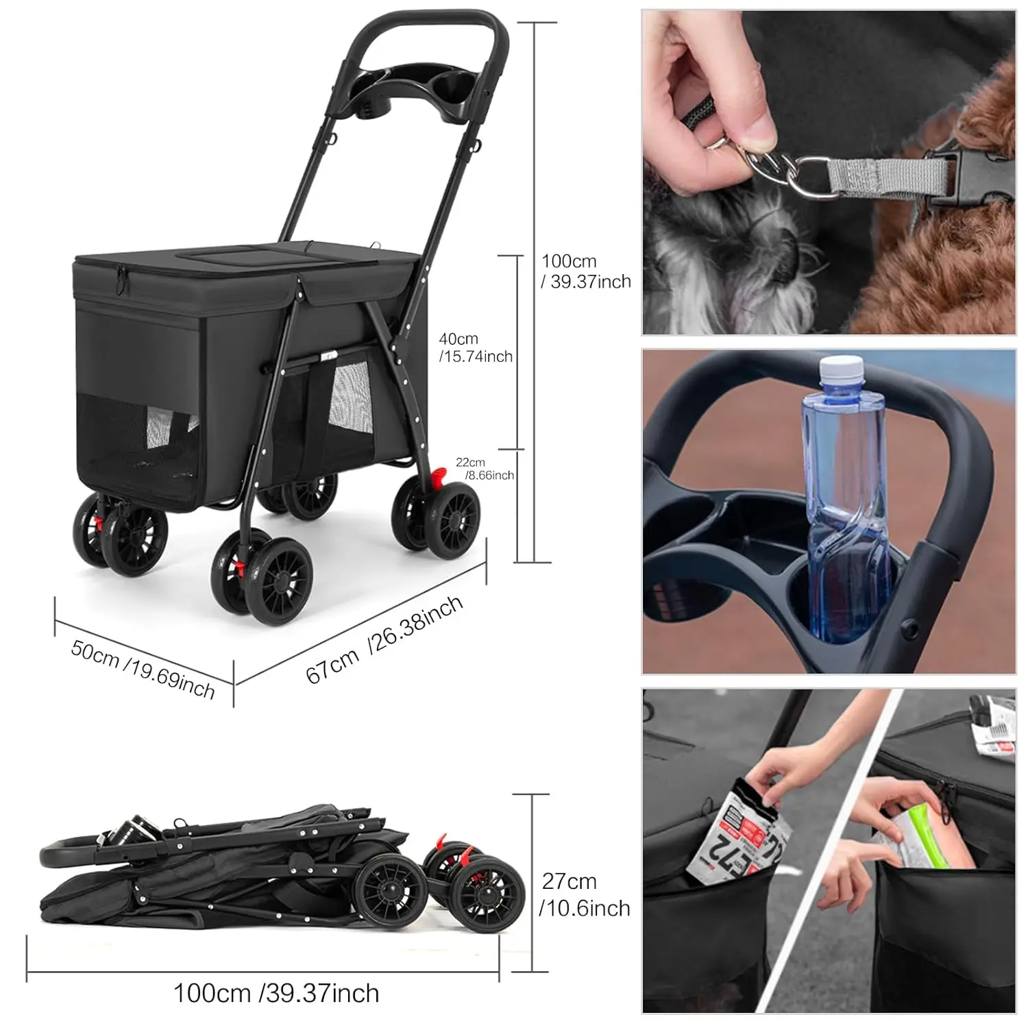 Easy-Fold 4-Wheel Pet Stroller with Breathable Mesh Small Medium Dog Cat Carrier Travel Folding Carrier Cup Holder Dogs Cats