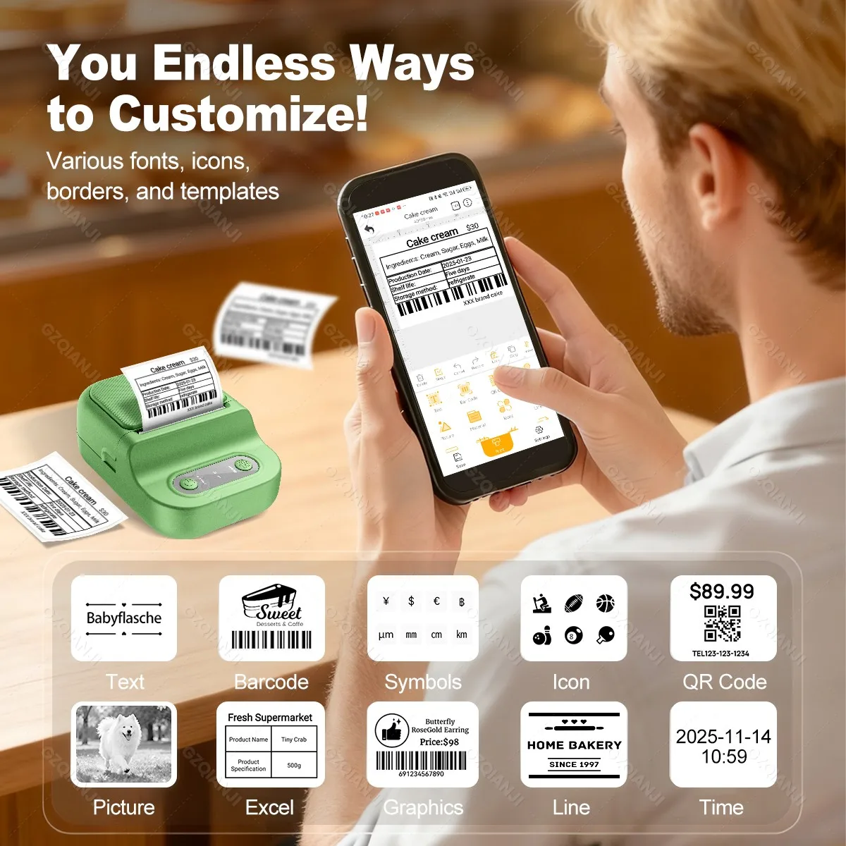Thermal Label Printer Inkless Bluetooth Portable 2-inch Label Maker or Round/Transparent/White Color Sticker Paper