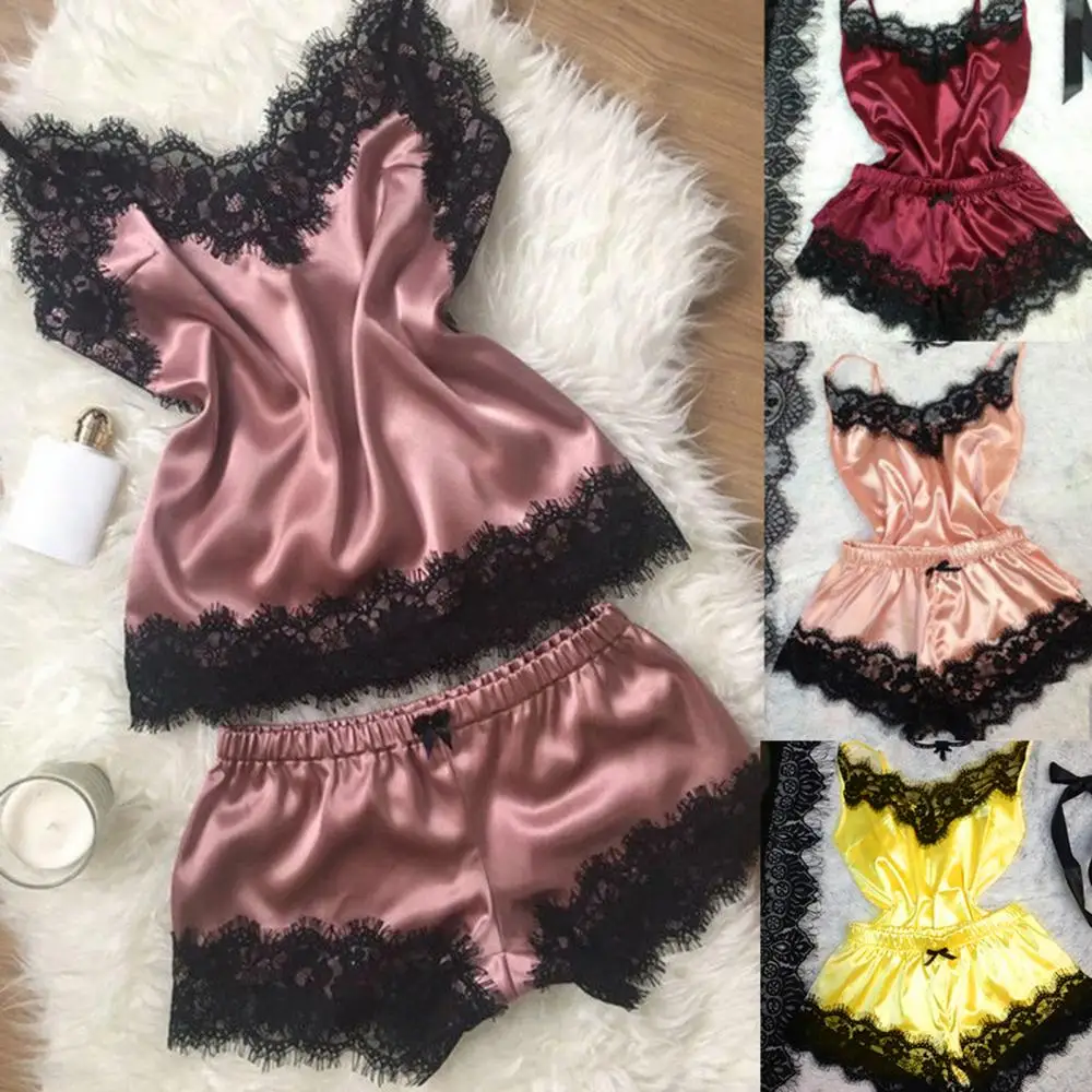 Sexy Lace Satin Pajama Sets Women Silky Velvet Lace Strap Vest Top Shorts Sleepwear Outfit Nightwear 잠옷 conjuntos de pijama